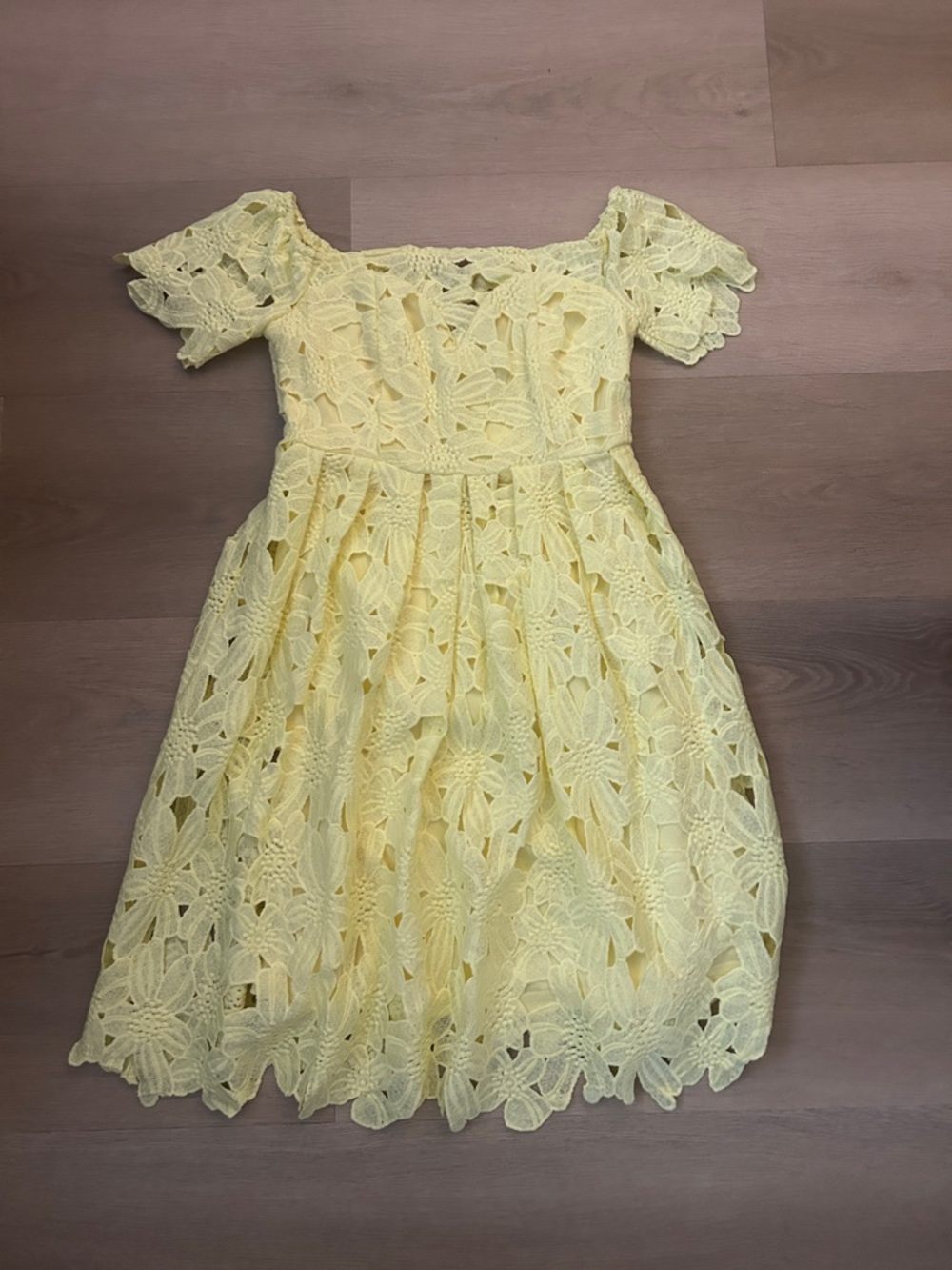 Boohoo Yellow Lace Off-Shoulder Dress